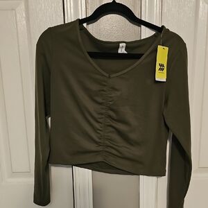 All in Motion Green Ruched Crop Blouse